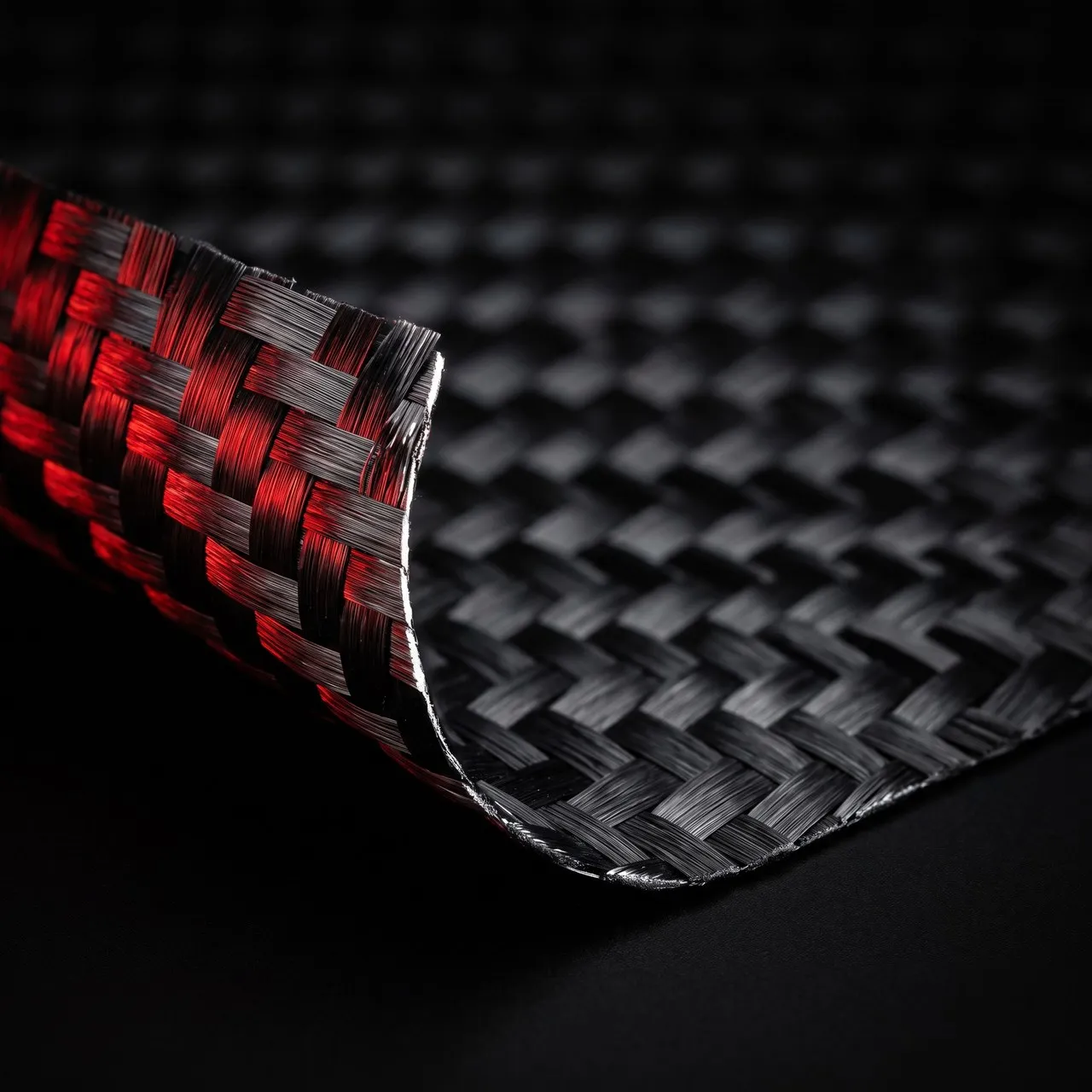 Macro d'une nappe de carbone tissé avant drapage : les mèches plates se comptent une à une, une lumière rouge rase le bord relevé de la nappe